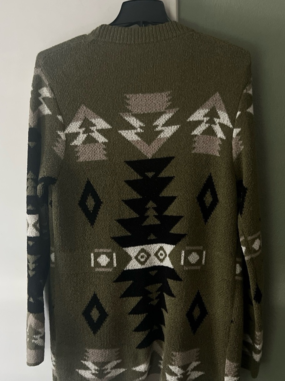 Army Green Aztec Print Open Front L SLV 2 Pockets  Cardigan XLarge Org $48 EUC